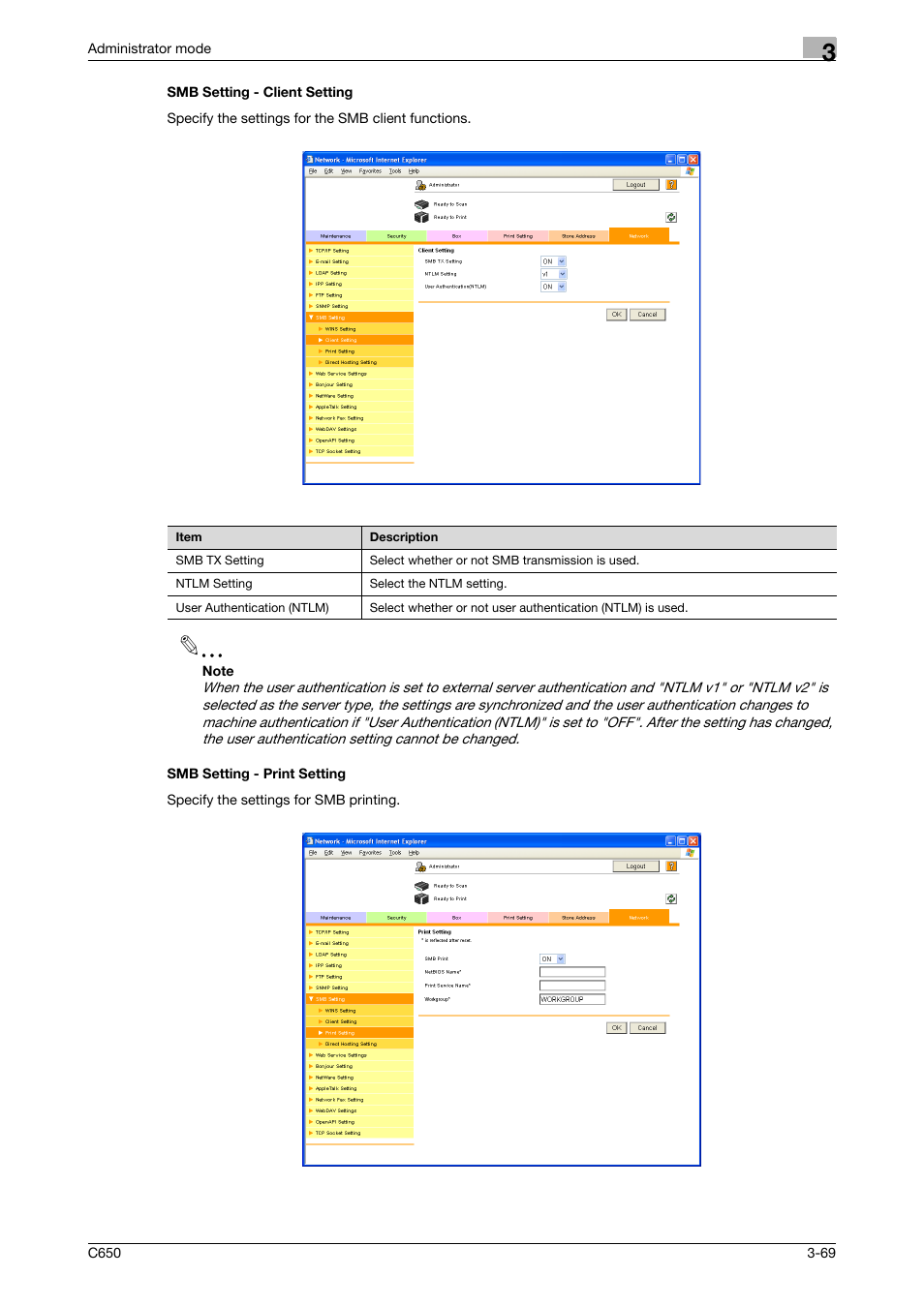 Smb setting - client setting, Smb setting - print setting | Konica Minolta bizhub C650 User Manual | Page 143 / 165