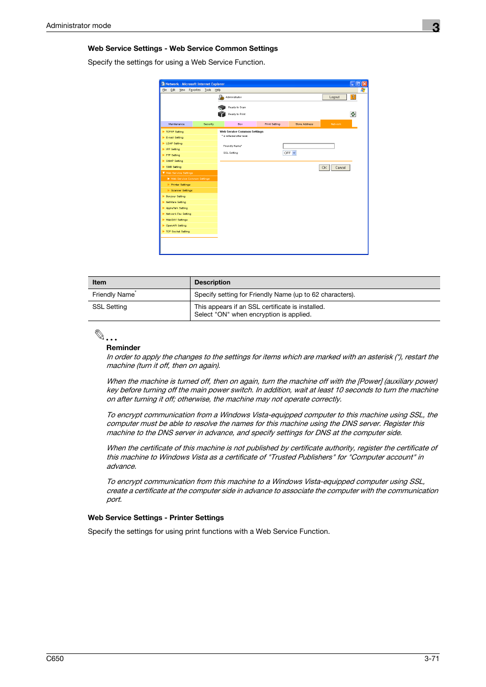 Web service settings - web service common settings, Web service settings - printer settings | Konica Minolta bizhub C650 User Manual | Page 145 / 165