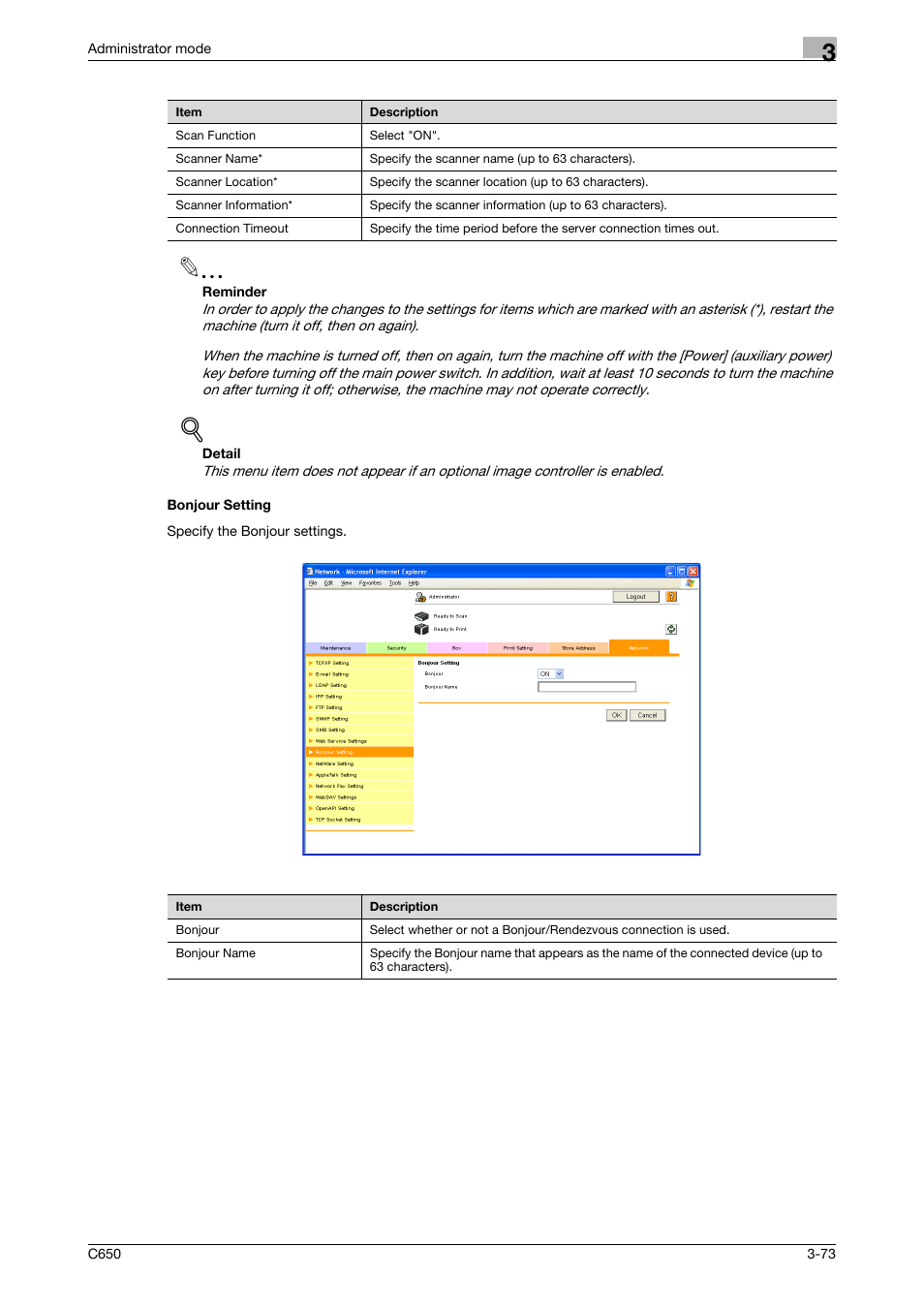 Bonjour setting, Bonjour setting -73 | Konica Minolta bizhub C650 User Manual | Page 147 / 165