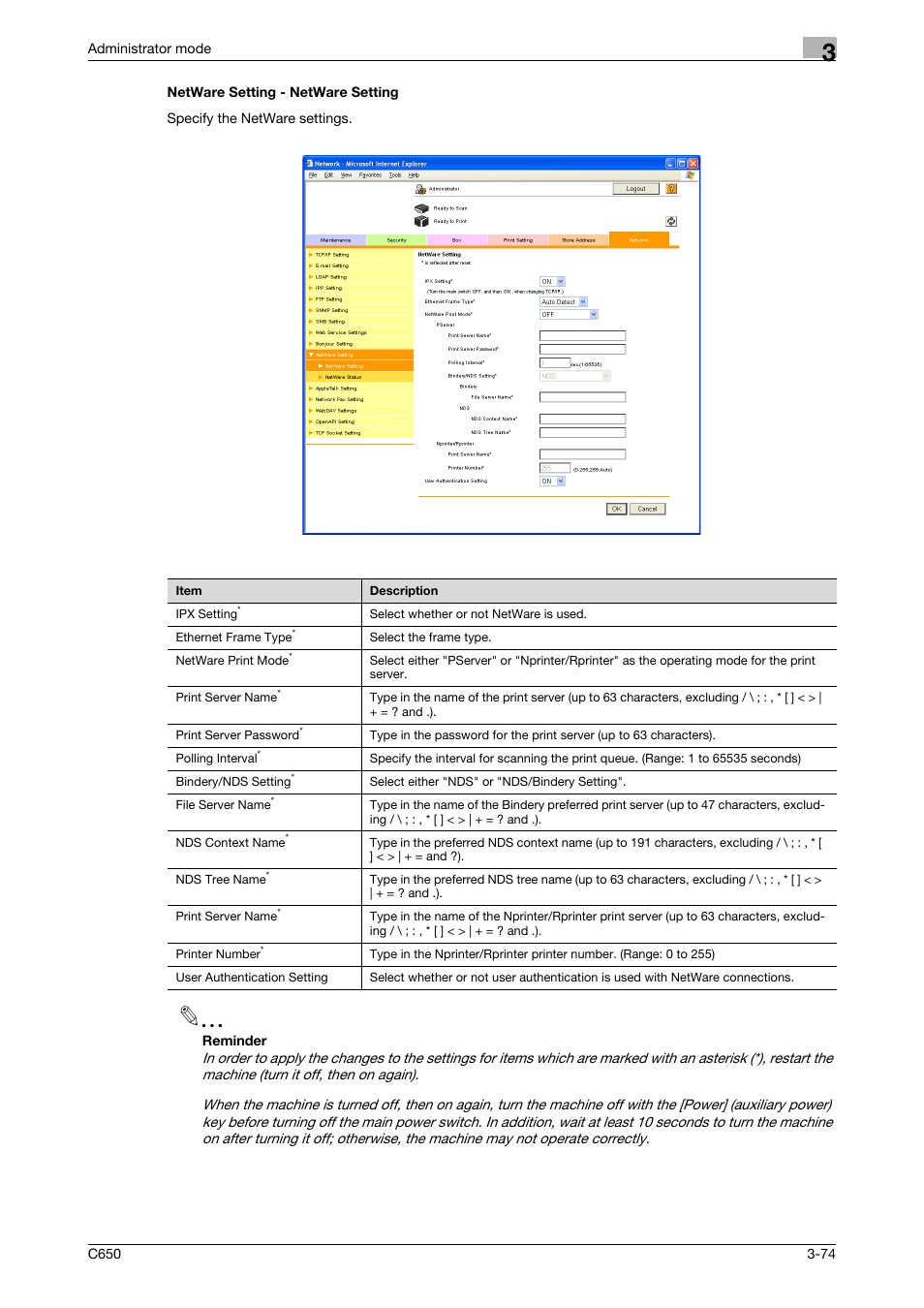 Netware setting - netware setting, Netware setting - netware setting -74 | Konica Minolta bizhub C650 User Manual | Page 148 / 165