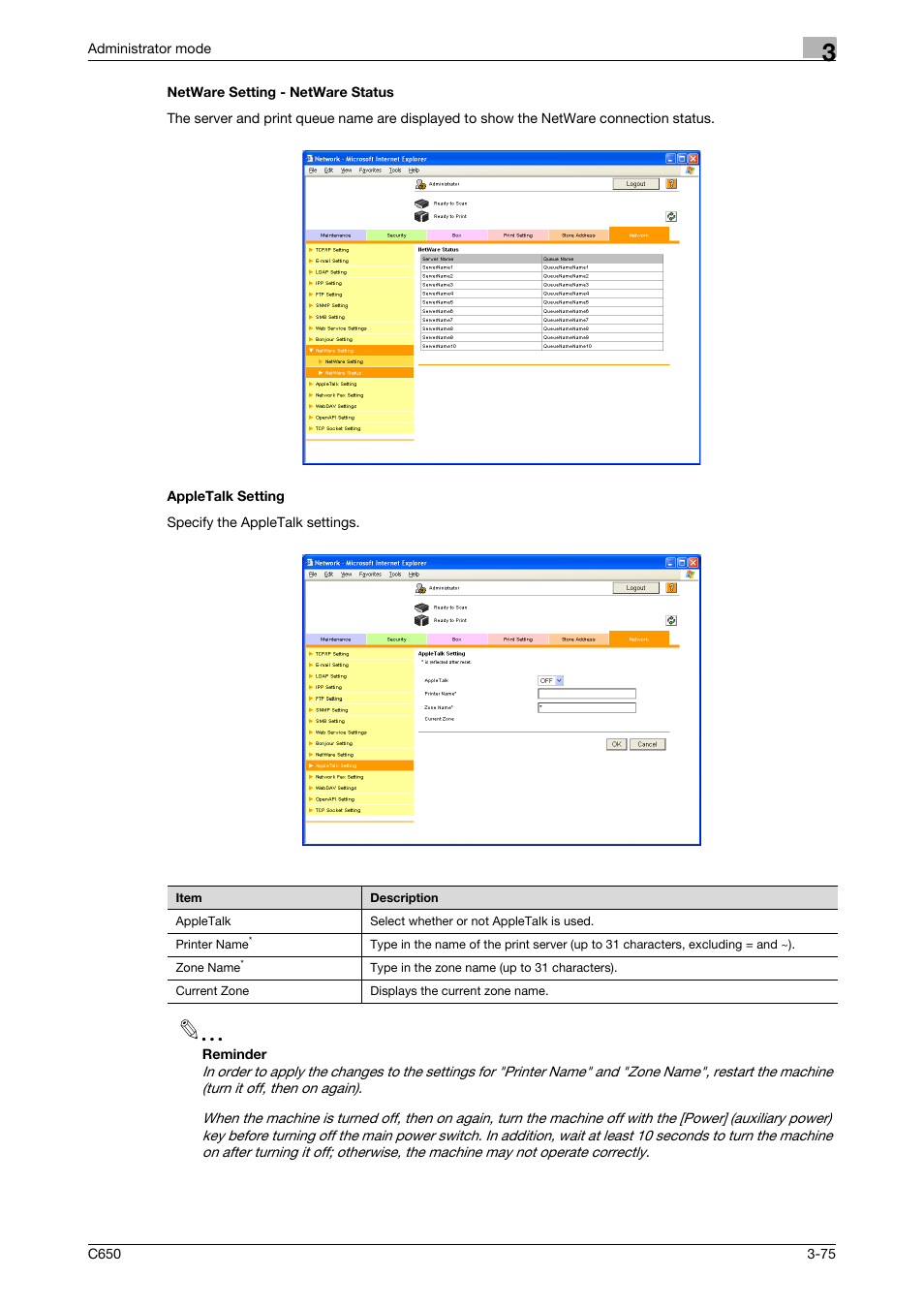 Netware setting - netware status, Appletalk setting | Konica Minolta bizhub C650 User Manual | Page 149 / 165