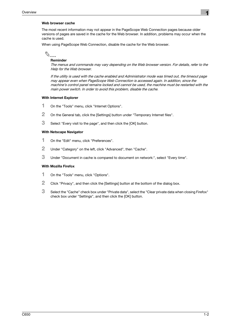 Web browser cache, With internet explorer, With netscape navigator | With mozilla firefox | Konica Minolta bizhub C650 User Manual | Page 15 / 165