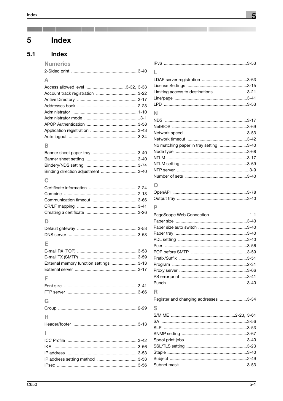 5 index, 1 index, A to s | Index, Index -1, 5index | Konica Minolta bizhub C650 User Manual | Page 163 / 165