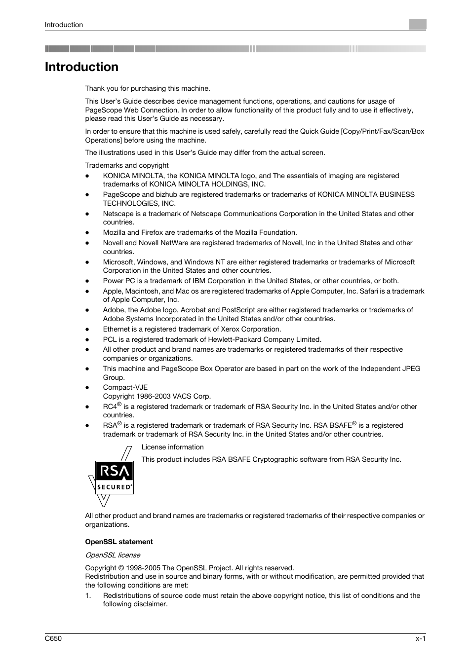 Introduction, Openssl statement | Konica Minolta bizhub C650 User Manual | Page 2 / 165