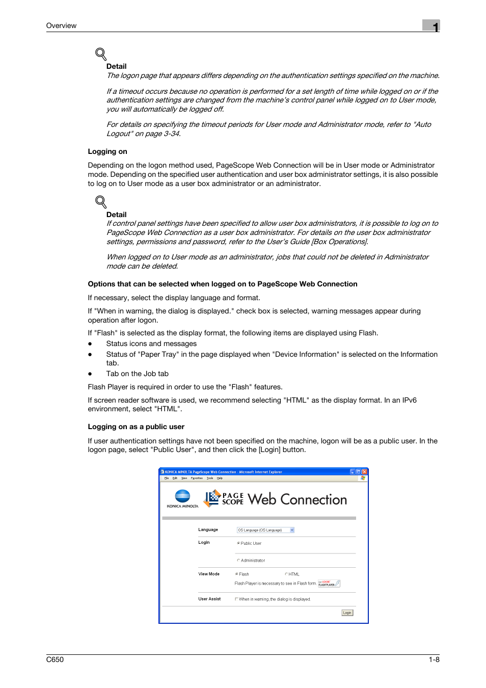 Logging on, Logging on as a public user | Konica Minolta bizhub C650 User Manual | Page 21 / 165