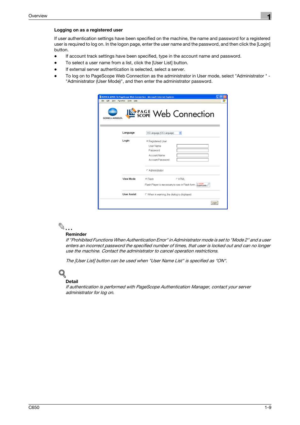 Logging on as a registered user, Logging on as a registered user -9 | Konica Minolta bizhub C650 User Manual | Page 22 / 165