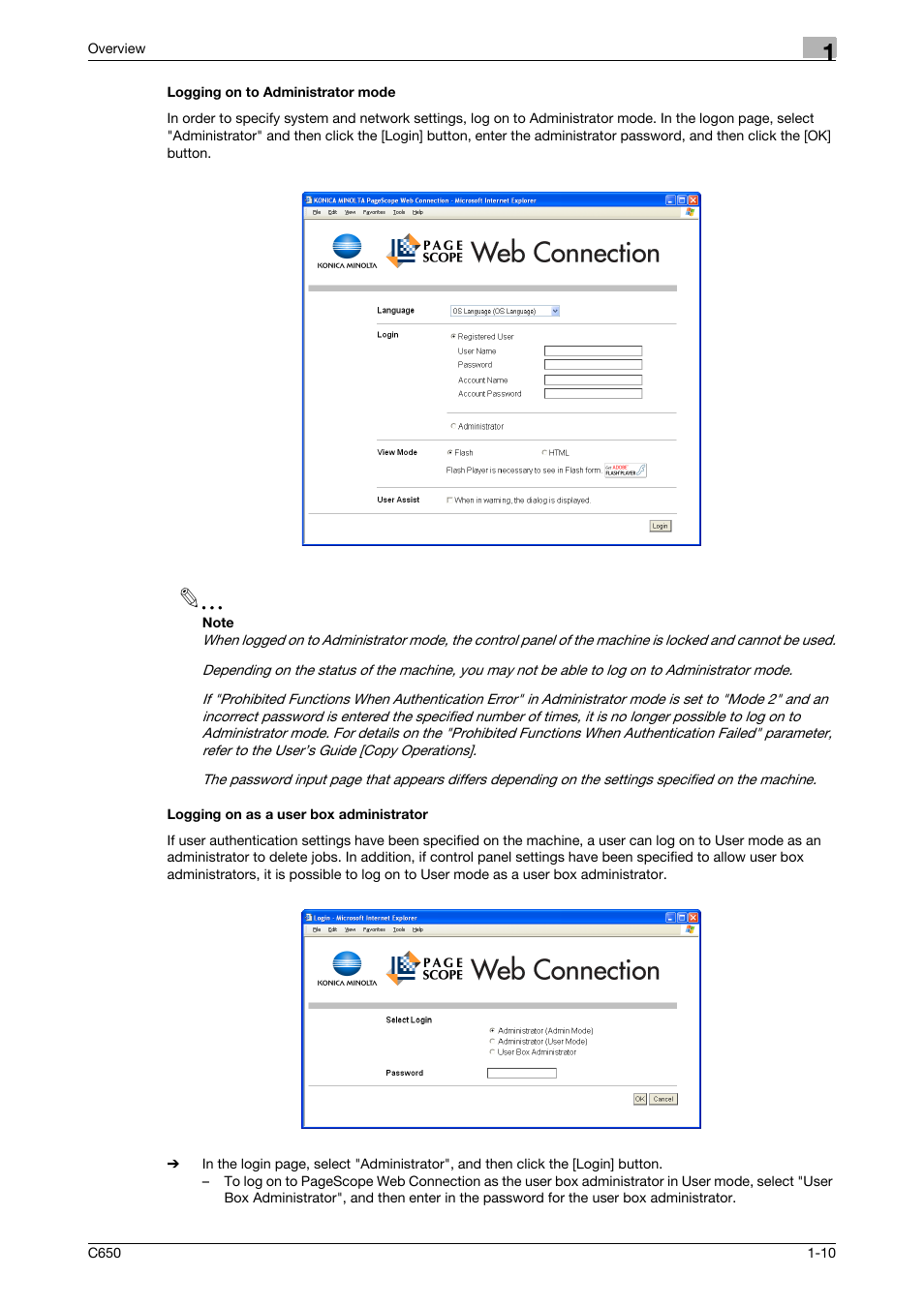 Logging on to administrator mode, Logging on as a user box administrator | Konica Minolta bizhub C650 User Manual | Page 23 / 165