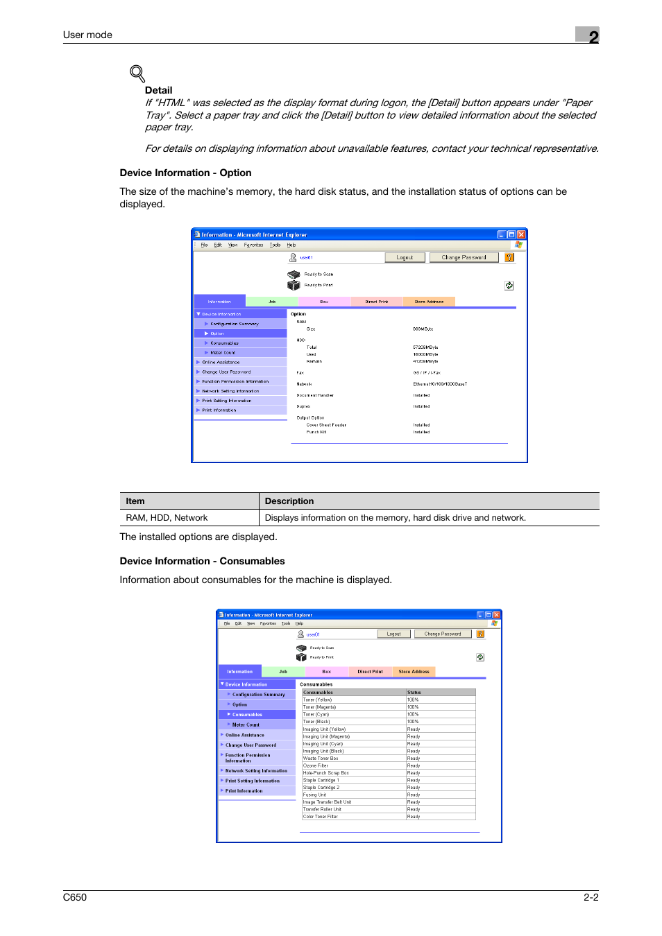 Device information - option, Device information - consumables | Konica Minolta bizhub C650 User Manual | Page 26 / 165