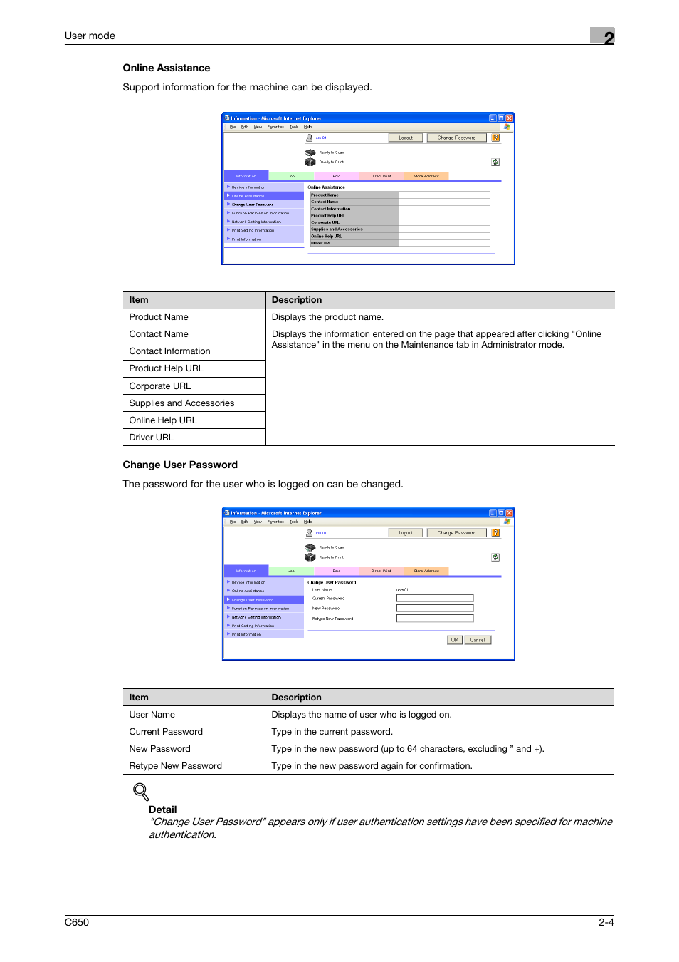 Online assistance, Change user password, Online assistance -4 change user password -4 | Konica Minolta bizhub C650 User Manual | Page 28 / 165