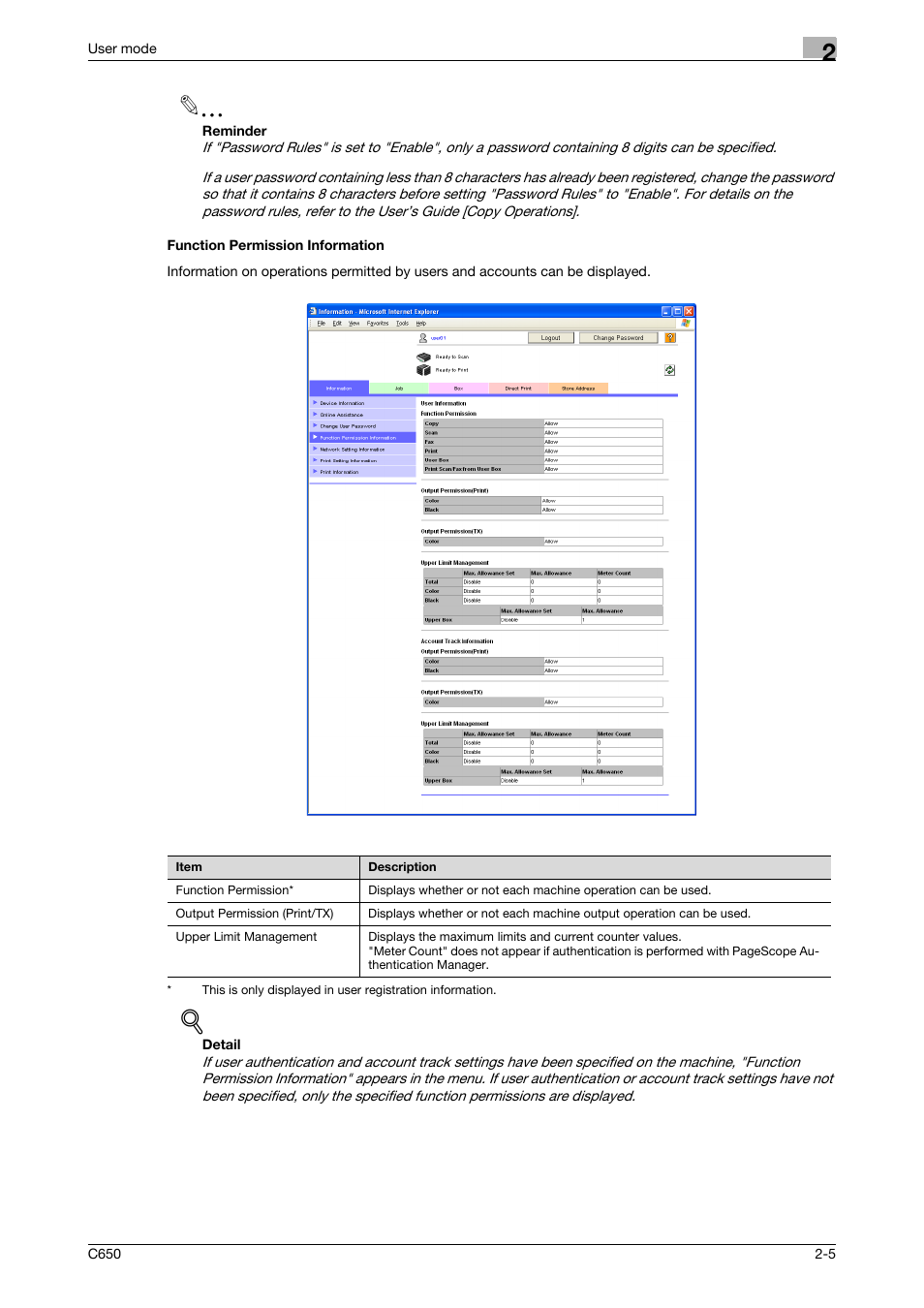 Function permission information, Function permission information -5 | Konica Minolta bizhub C650 User Manual | Page 29 / 165