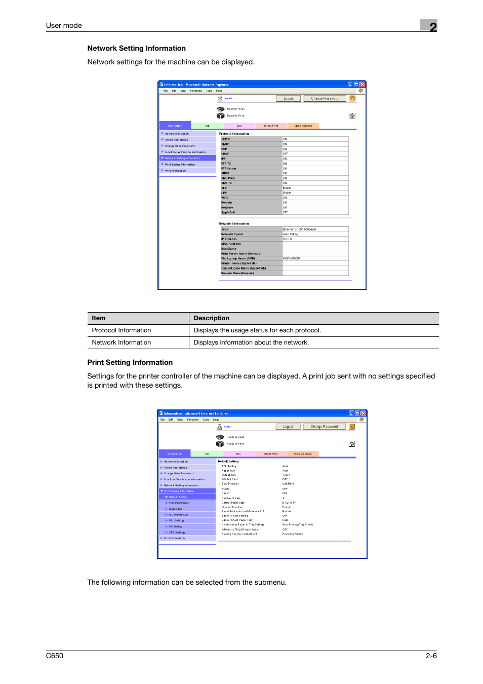 Network setting information, Print setting information | Konica Minolta bizhub C650 User Manual | Page 30 / 165