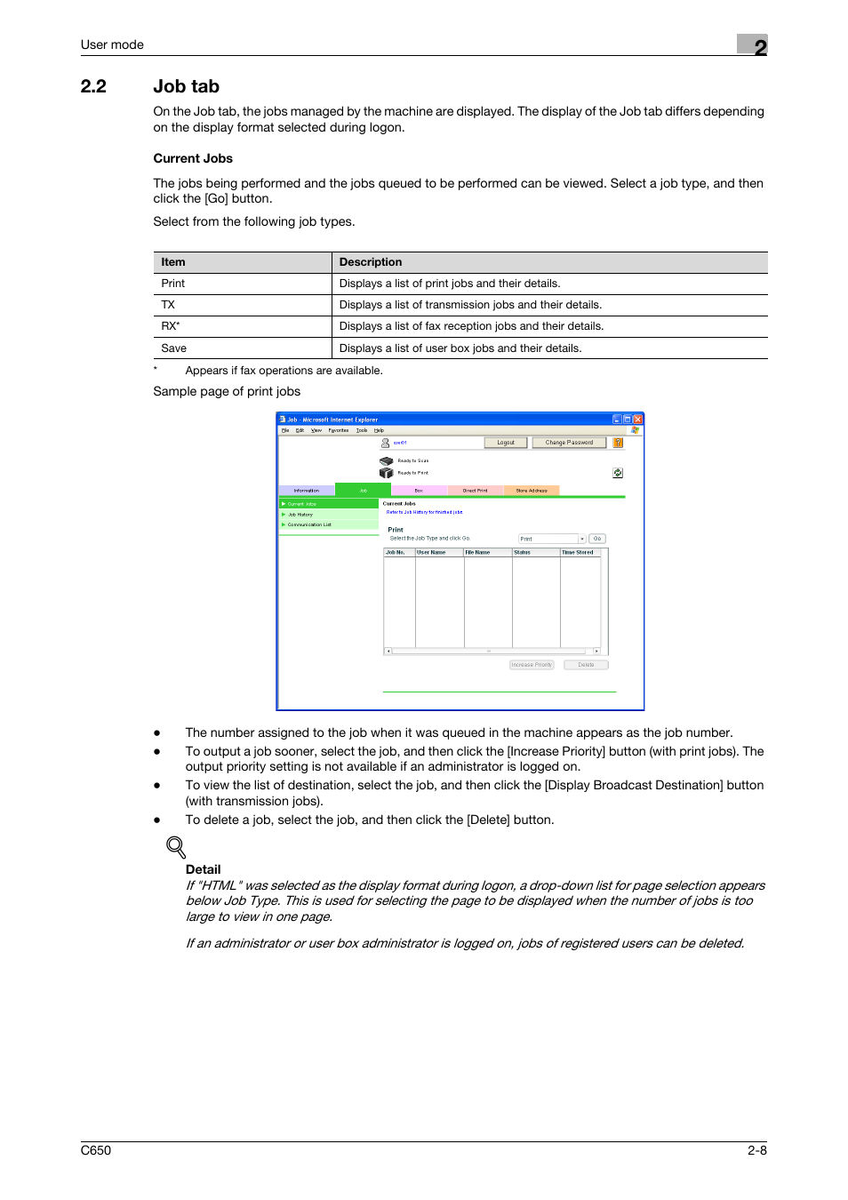 2 job tab, Current jobs, Job tab -8 current jobs -8 | Konica Minolta bizhub C650 User Manual | Page 32 / 165