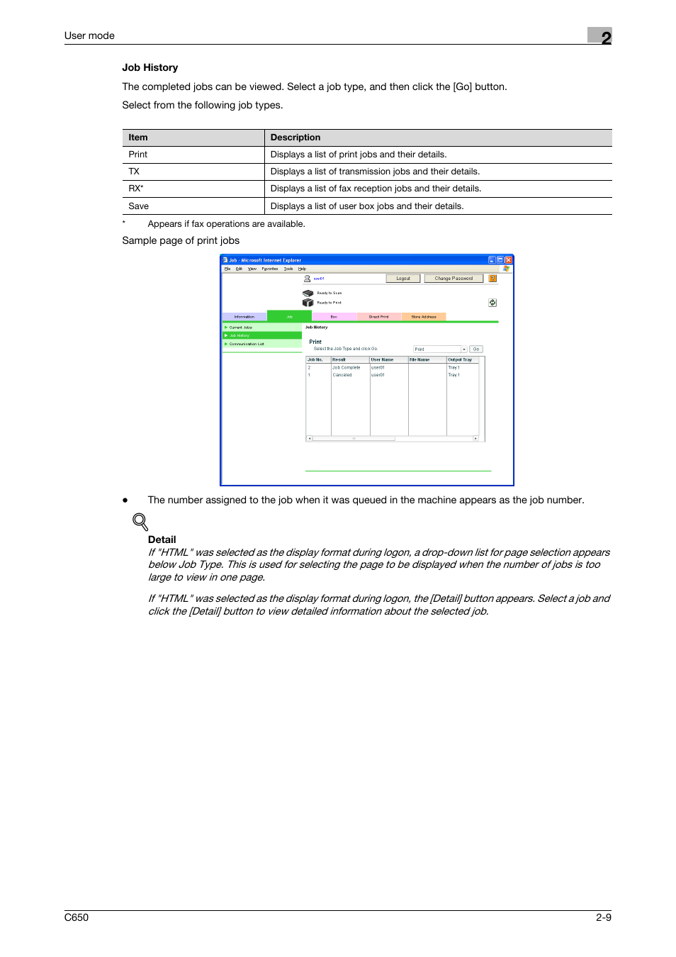Job history, Job history -9 | Konica Minolta bizhub C650 User Manual | Page 33 / 165