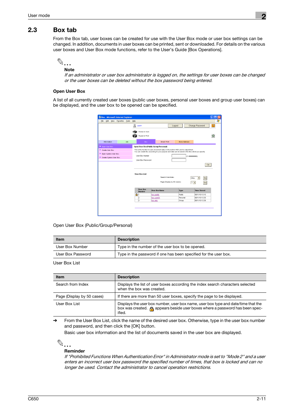 3 box tab, Open user box, Box tab -11 open user box -11 | Konica Minolta bizhub C650 User Manual | Page 35 / 165