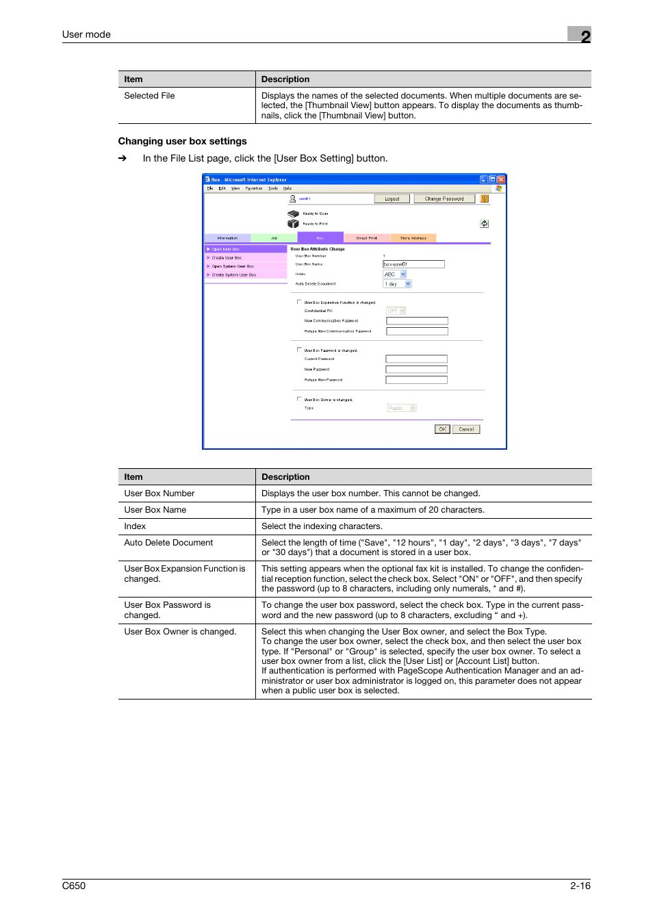 Changing user box settings, Changing user box settings -16 | Konica Minolta bizhub C650 User Manual | Page 40 / 165