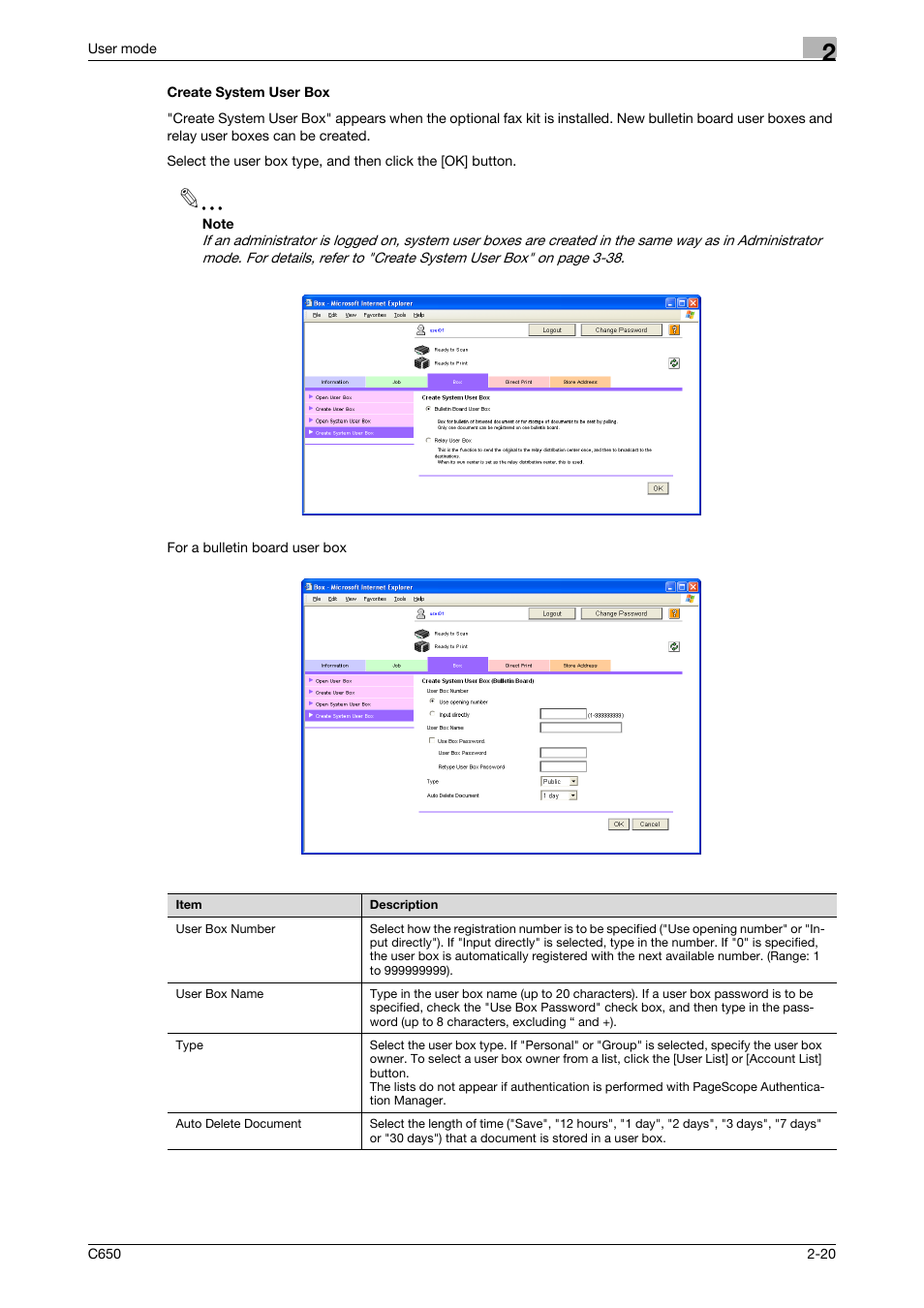 Create system user box, Create system user box -20 | Konica Minolta bizhub C650 User Manual | Page 44 / 165