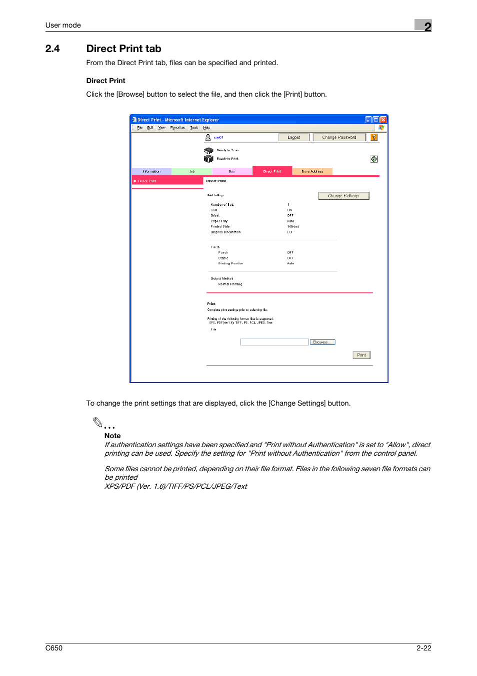 4 direct print tab, Direct print, Direct print tab -22 direct print -22 | Konica Minolta bizhub C650 User Manual | Page 46 / 165