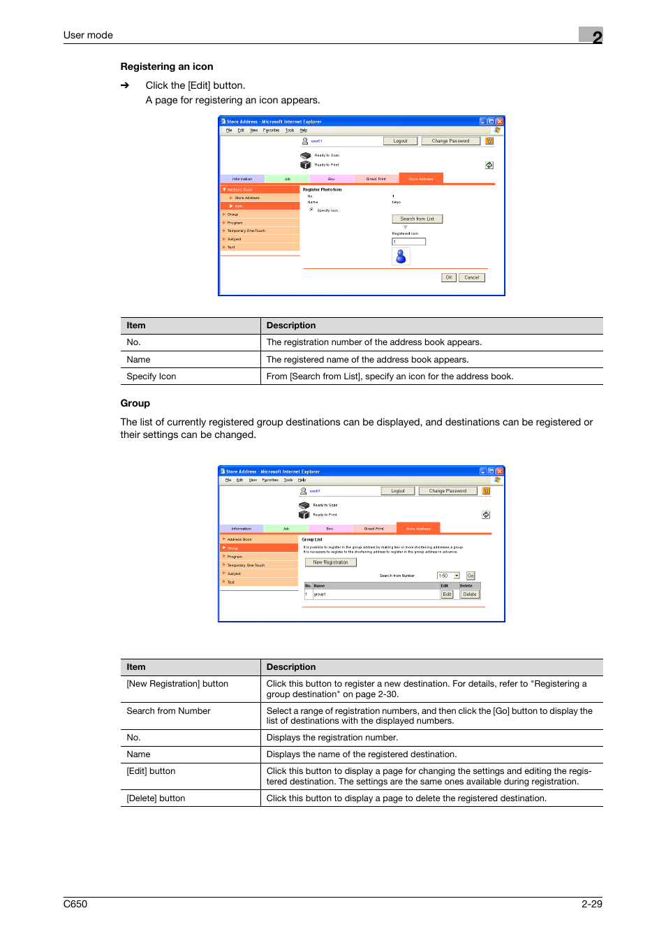 Registering an icon, Group, Registering an icon -29 group -29 | Konica Minolta bizhub C650 User Manual | Page 53 / 165