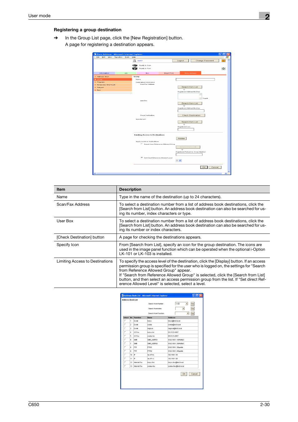 Registering a group destination, Registering a group destination -30 | Konica Minolta bizhub C650 User Manual | Page 54 / 165