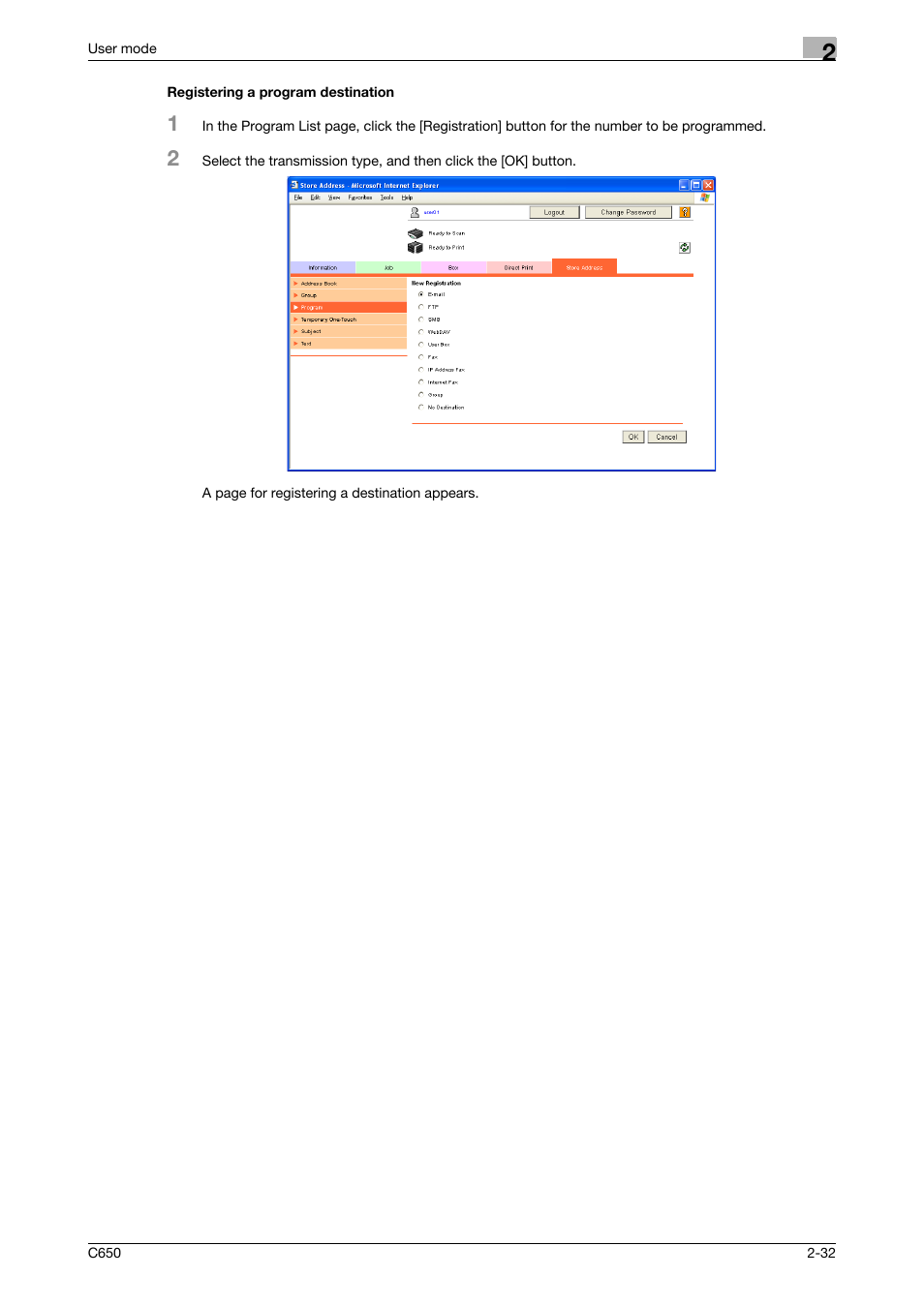 Registering a program destination, Registering a program destination -32 | Konica Minolta bizhub C650 User Manual | Page 56 / 165