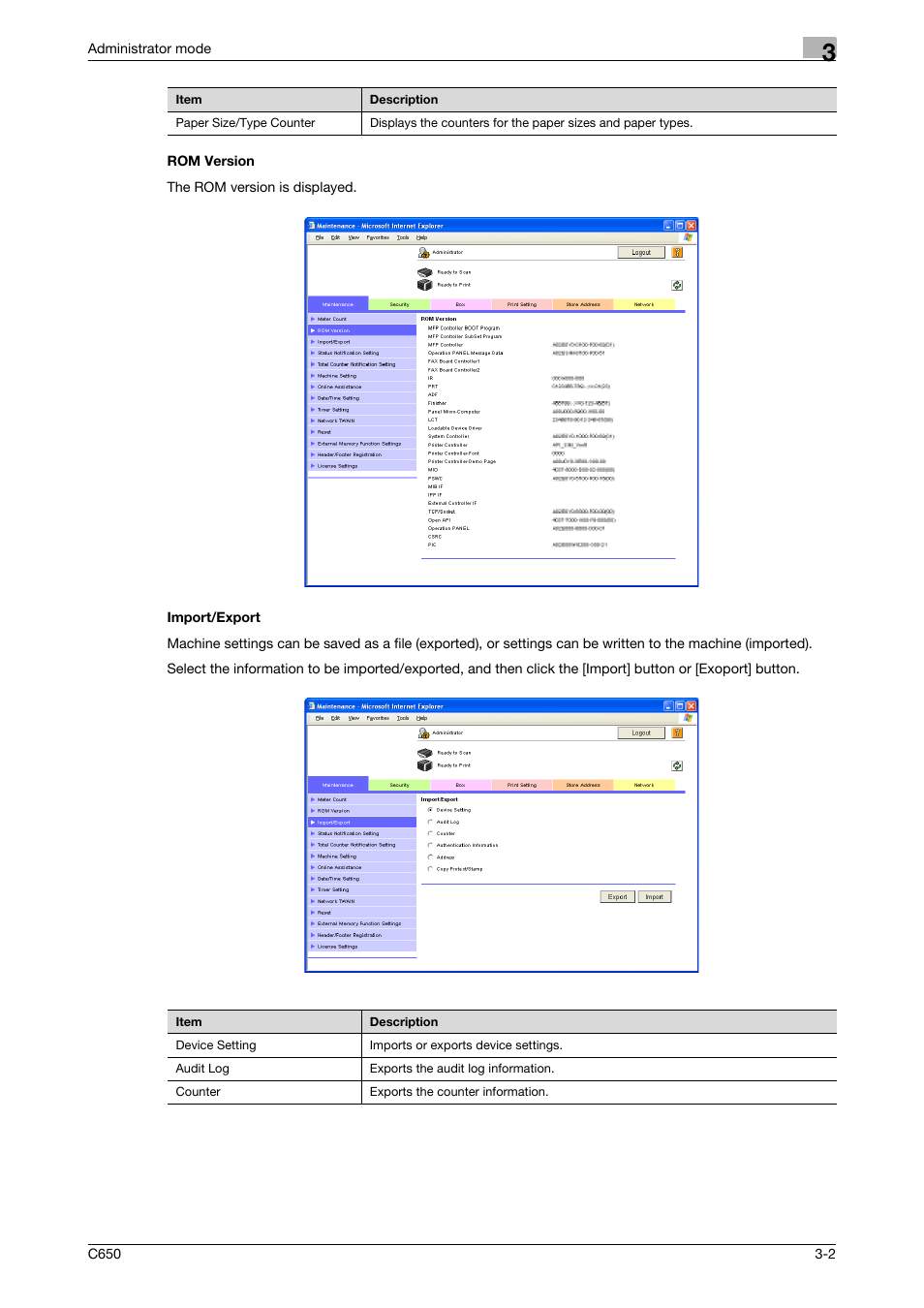 Rom version, Import/export, Rom version -2 import/export -2 | Konica Minolta bizhub C650 User Manual | Page 76 / 165