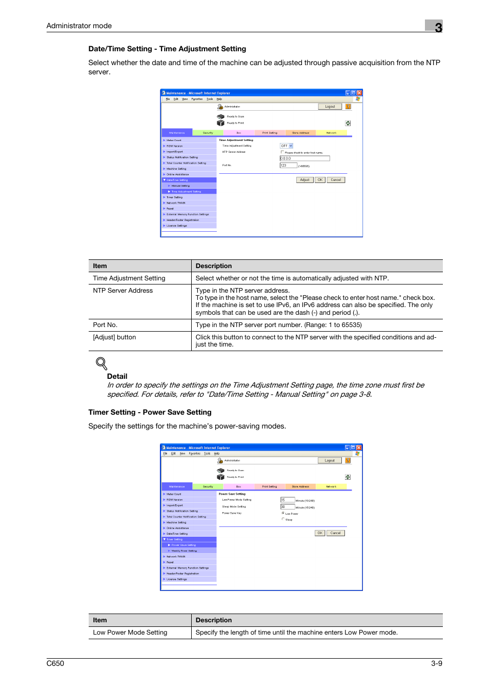 Date/time setting - time adjustment setting, Timer setting - power save setting | Konica Minolta bizhub C650 User Manual | Page 83 / 165