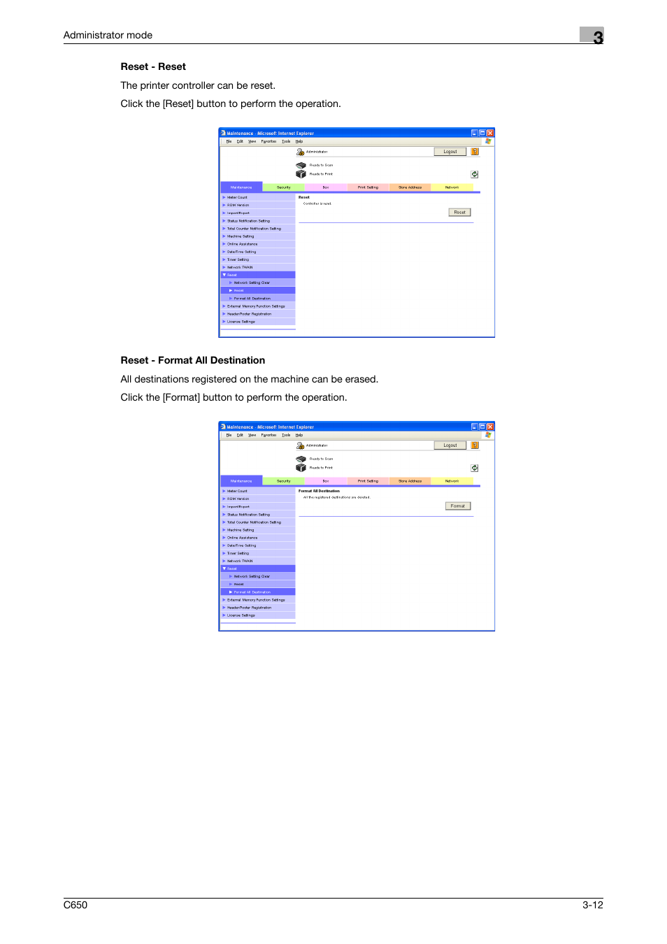 Reset - reset, Reset - format all destination | Konica Minolta bizhub C650 User Manual | Page 86 / 165