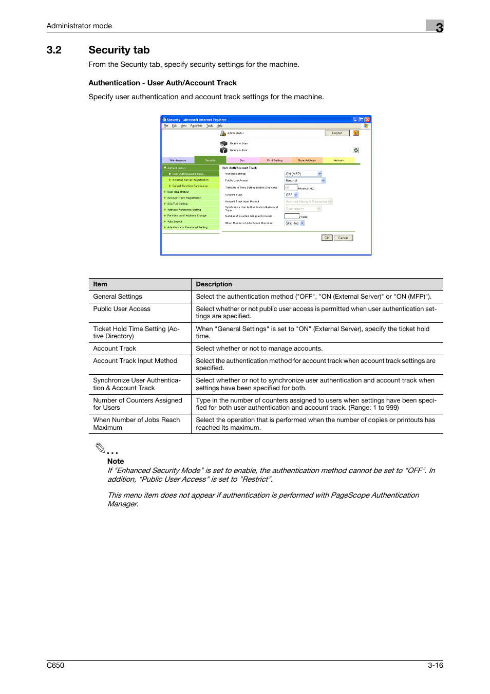 2 security tab, Authentication - user auth/account track | Konica Minolta bizhub C650 User Manual | Page 90 / 165