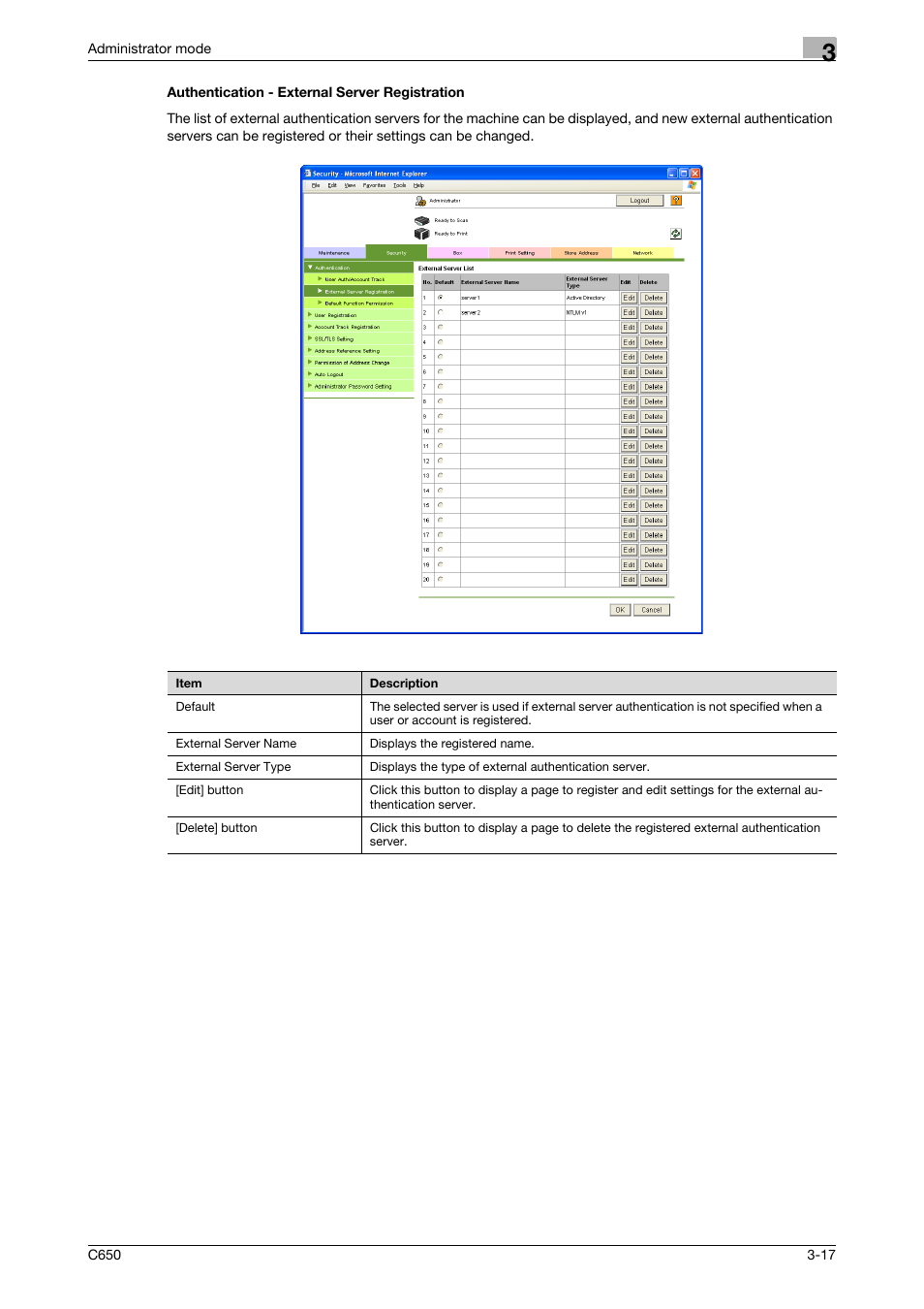 Authentication - external server registration, Authentication - external server registration -17 | Konica Minolta bizhub C650 User Manual | Page 91 / 165