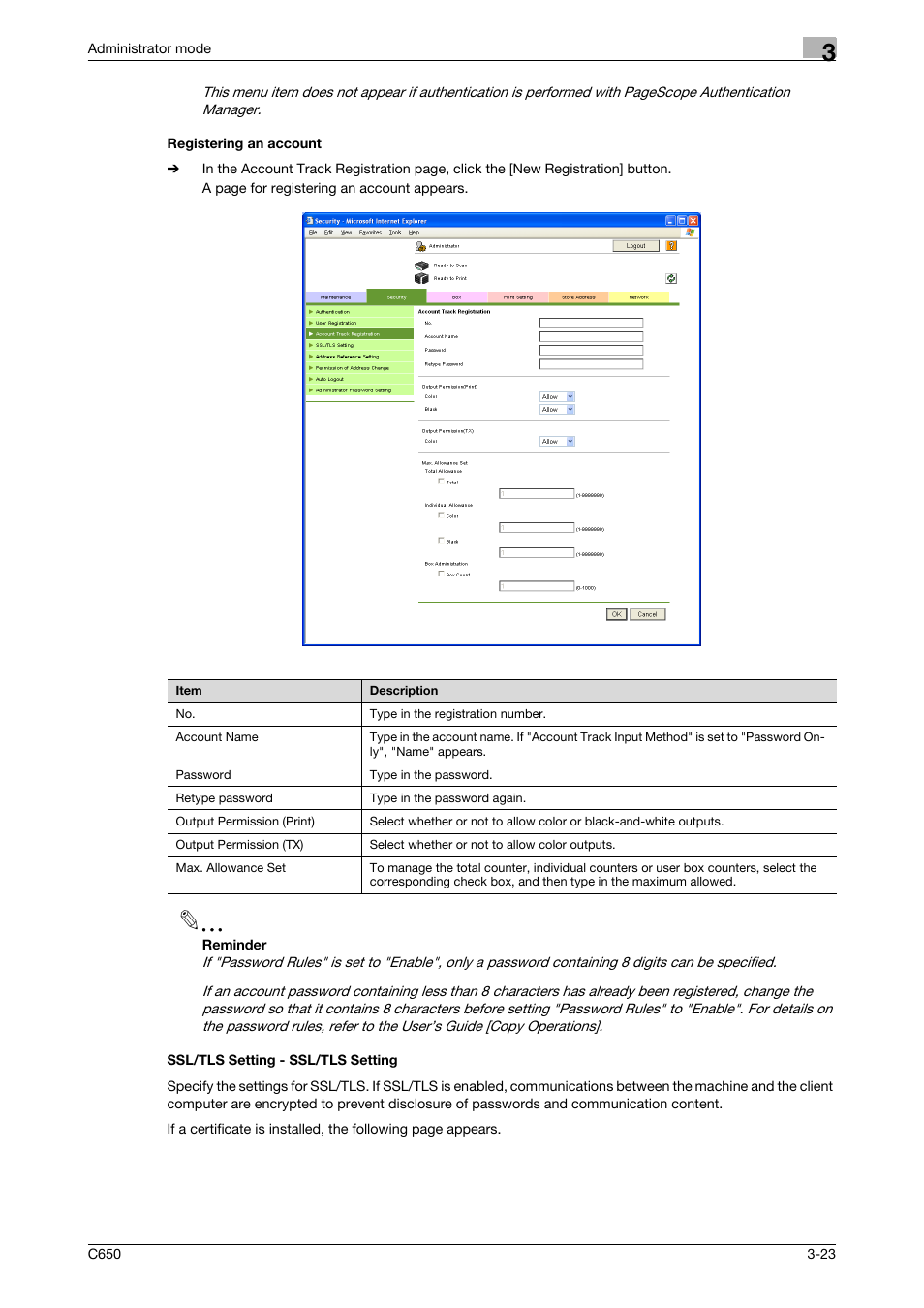 Registering an account, Ssl/tls setting - ssl/tls setting | Konica Minolta bizhub C650 User Manual | Page 97 / 165