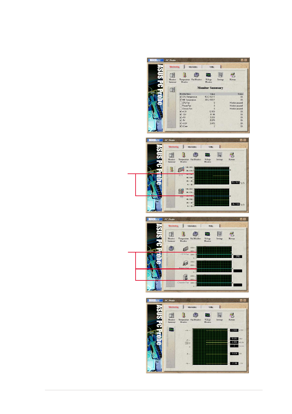 2 using asus pc probe, Monitoring | Asus P4T533 User Manual | Page 107 / 136