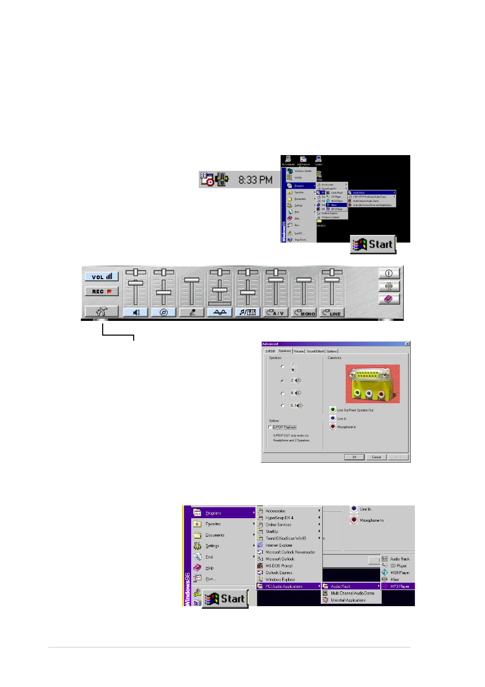 9 multi-channel audio feature setup, 2 the c-media applications, 1 the c-media audio mixer | Asus P4T533 User Manual | Page 120 / 136