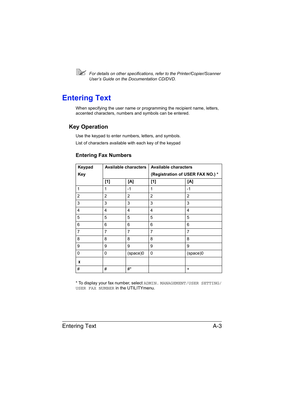 Entering text, Key operation, Entering fax numbers | Entering text a-3 | Konica Minolta magicolor 1690MF User Manual | Page 106 / 113