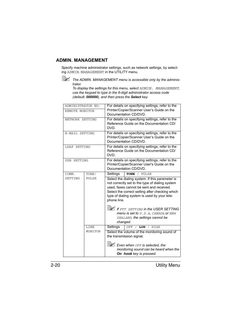 Admin. management, Admin. management -20, Utility menu 2-20 admin. management | Konica Minolta magicolor 1690MF User Manual | Page 31 / 113