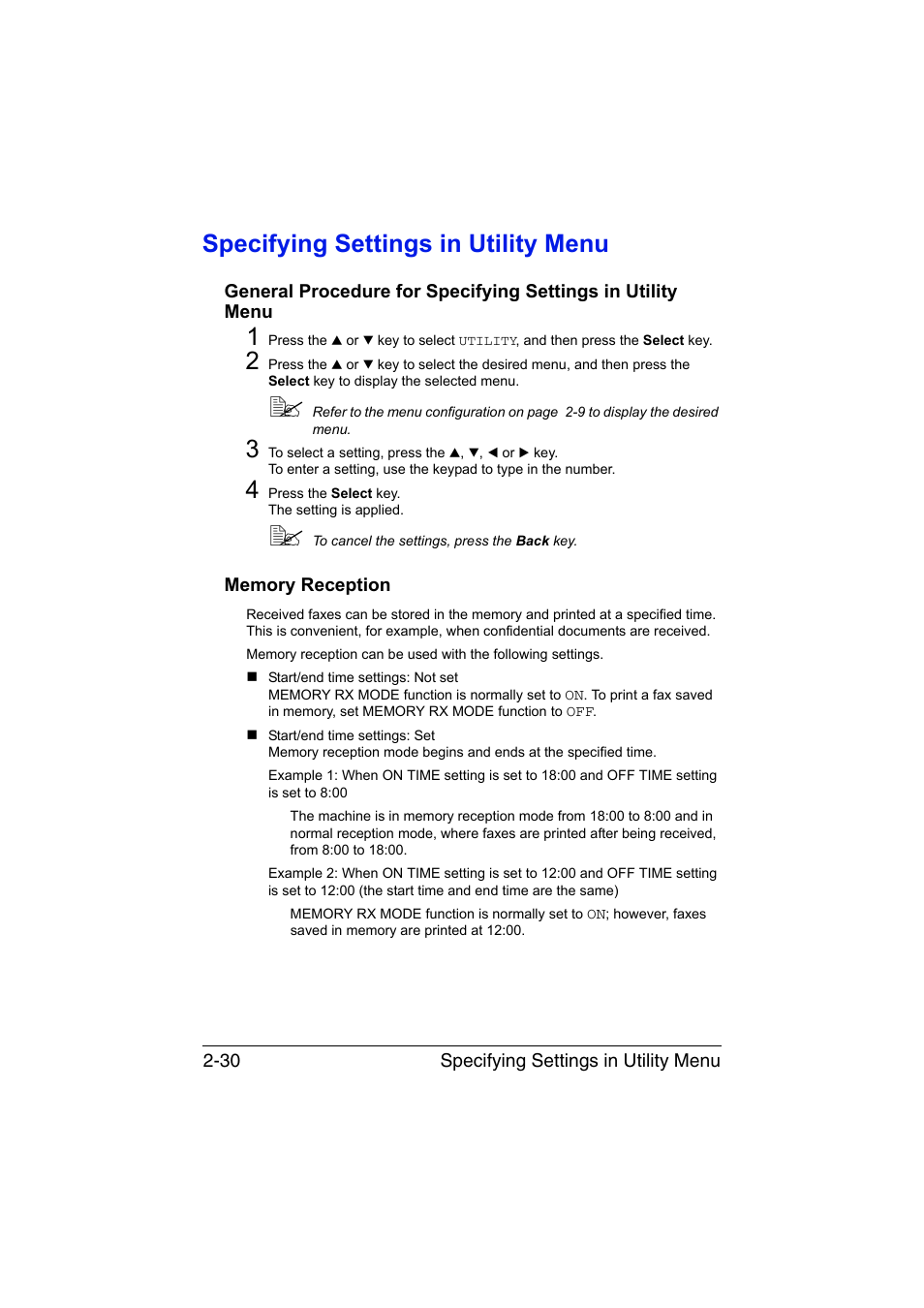 Specifying settings in utility menu, Memory reception, Specifying settings in utility menu -30 | Konica Minolta magicolor 1690MF User Manual | Page 41 / 113