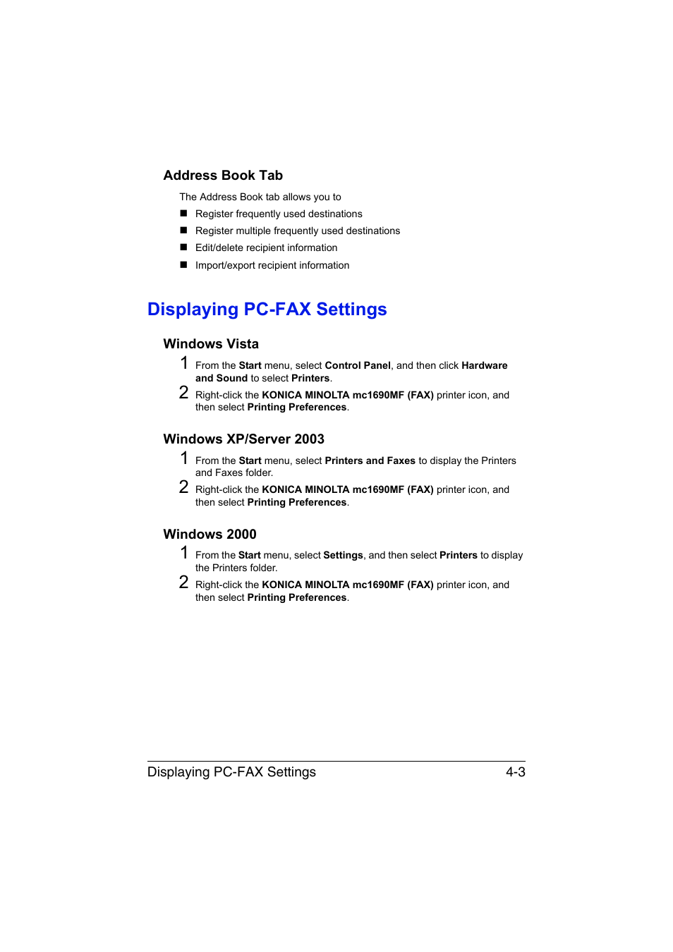 Address book tab, Displaying pc-fax settings, Windows vista | Windows xp/server 2003, Windows 2000, Address book tab -3, Displaying pc-fax settings -3, Windows vista -3, Windows xp/server 2003 -3 windows 2000 -3 | Konica Minolta magicolor 1690MF User Manual | Page 68 / 113