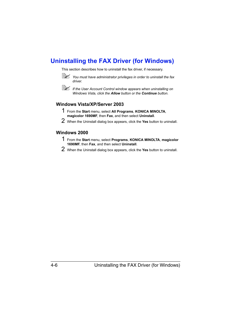 Uninstalling the fax driver (for windows), Windows vista/xp/server 2003, Windows 2000 | Uninstalling the fax driver (for windows) -6, Windows vista/xp/server 2003 -6 windows 2000 -6 | Konica Minolta magicolor 1690MF User Manual | Page 71 / 113