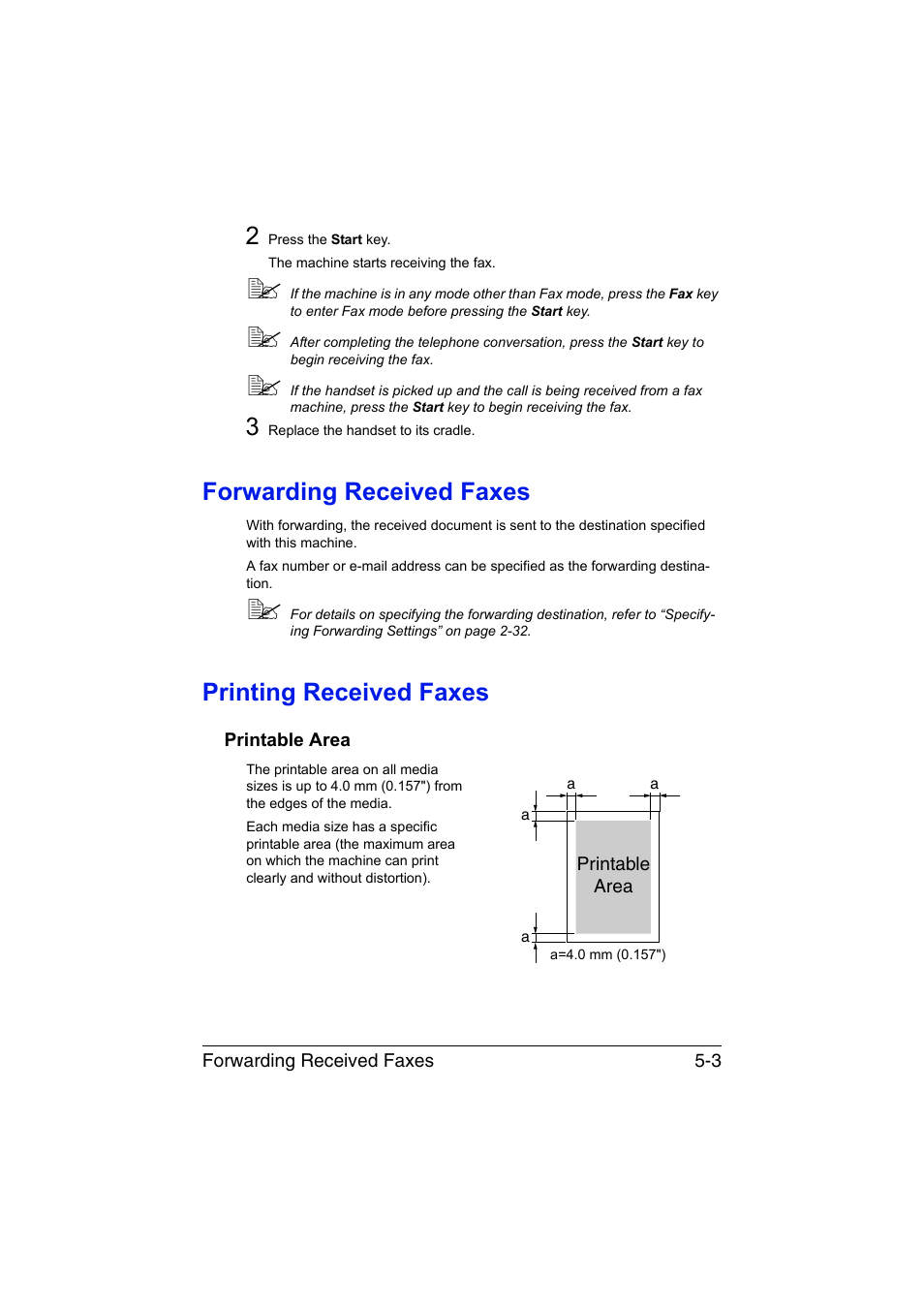 Forwarding received faxes, Printing received faxes, Printable area | Printable area -3 | Konica Minolta magicolor 1690MF User Manual | Page 74 / 113