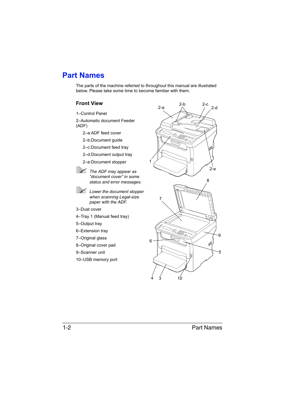 Part names, Front view, Part names -2 | Front view -2 | Konica Minolta magicolor 1690MF User Manual | Page 9 / 113