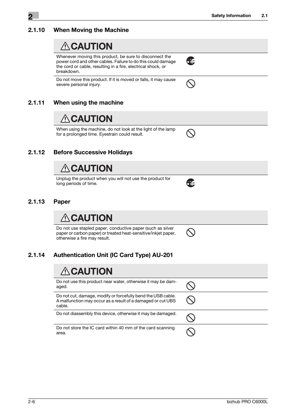 10 when moving the machine, 11 when using the machine, 12 before successive holidays | 13 paper, 14 authentication unit (ic card type) au-201, When moving the machine -6, When using the machine -6, Before successive holidays -6, Paper -6, Authentication unit (ic card type) au-201 -6 | Konica Minolta bizhub PRO C6000L User Manual | Page 16 / 36