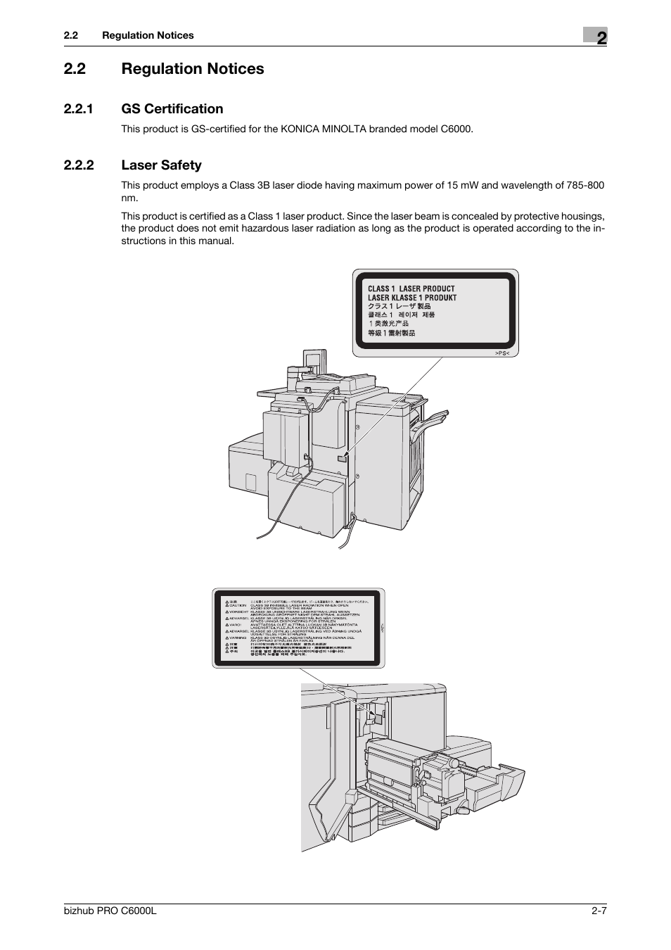 2 regulation notices, 1 gs certification, 2 laser safety | Regulation notices -7, Gs certification -7, Laser safety -7 | Konica Minolta bizhub PRO C6000L User Manual | Page 17 / 36