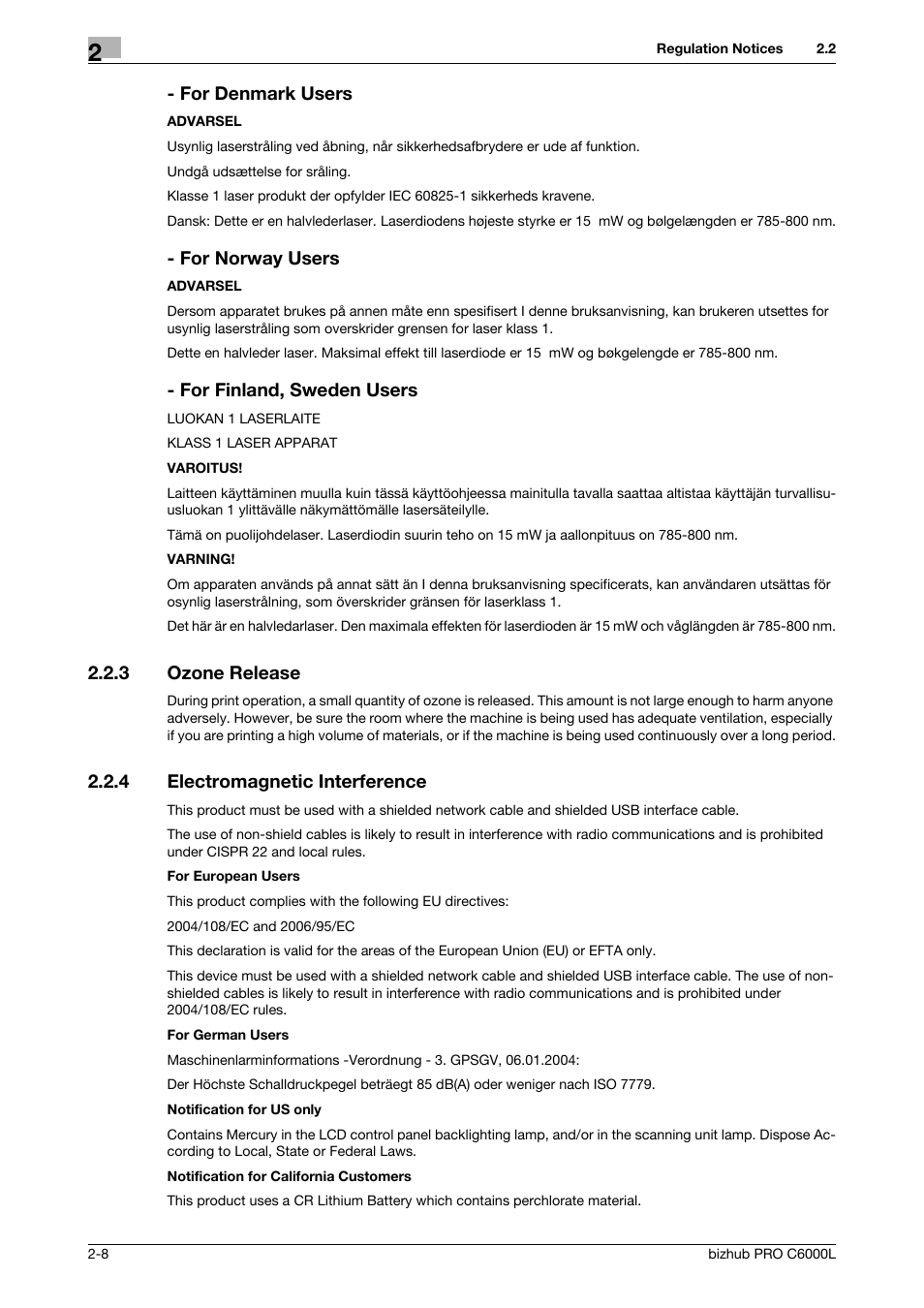 3 ozone release, 4 electromagnetic interference, Ozone release -8 | Electromagnetic interference -8, For denmark users, For norway users, For finland, sweden users | Konica Minolta bizhub PRO C6000L User Manual | Page 18 / 36