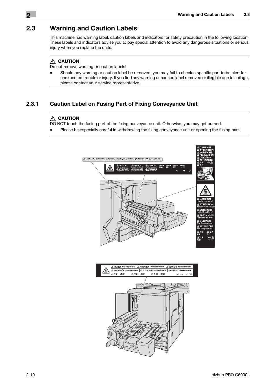 3 warning and caution labels, Warning and caution labels -10 | Konica Minolta bizhub PRO C6000L User Manual | Page 20 / 36