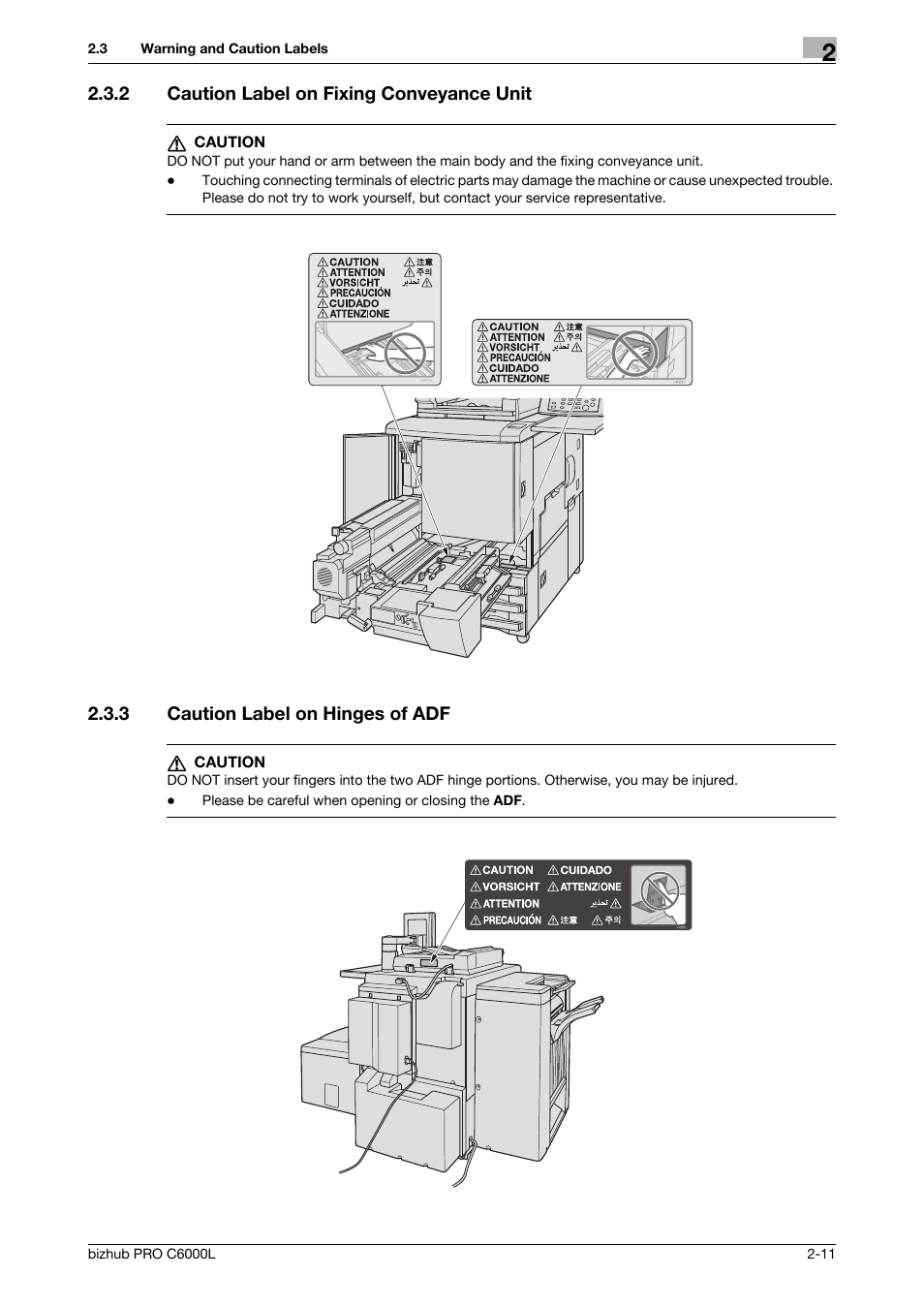 2 caution label on fixing conveyance unit, 3 caution label on hinges of adf, Caution label on fixing conveyance unit -11 | Caution label on hinges of adf -11 | Konica Minolta bizhub PRO C6000L User Manual | Page 21 / 36