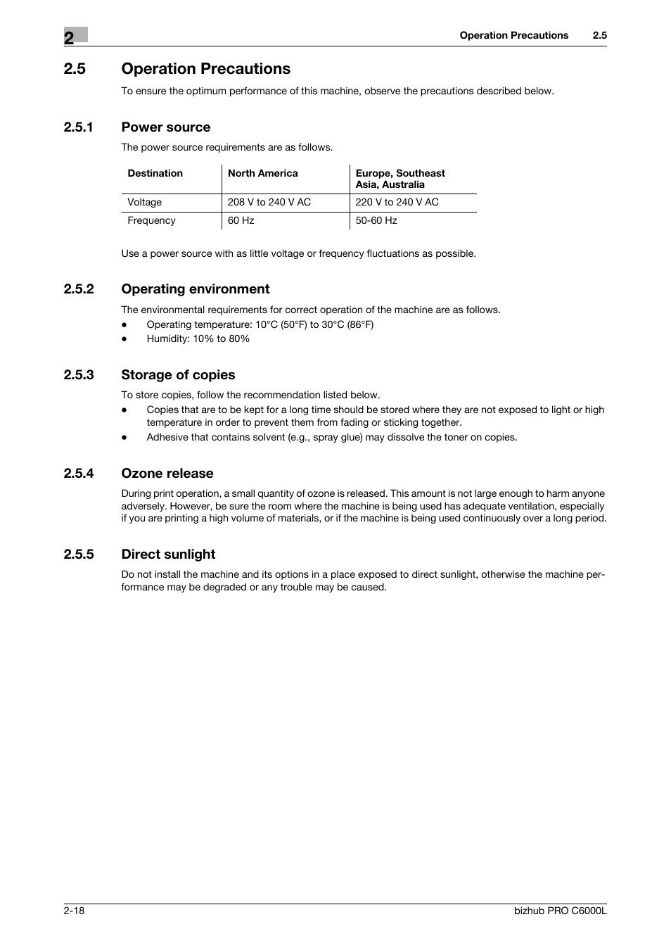 5 operation precautions, 1 power source, 2 operating environment | 3 storage of copies, 4 ozone release, 5 direct sunlight, Operation precautions -18, Power source -18, Operating environment -18, Storage of copies -18 | Konica Minolta bizhub PRO C6000L User Manual | Page 28 / 36