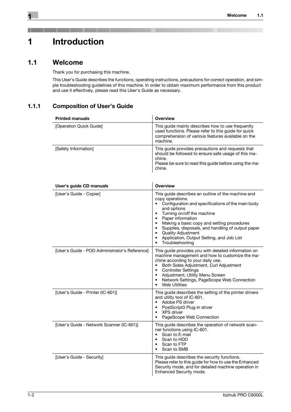1 introduction, 1 welcome, 1 composition of user's guide | Introduction, Welcome -2, Composition of user's guide -2, 1introduction | Konica Minolta bizhub PRO C6000L User Manual | Page 6 / 36