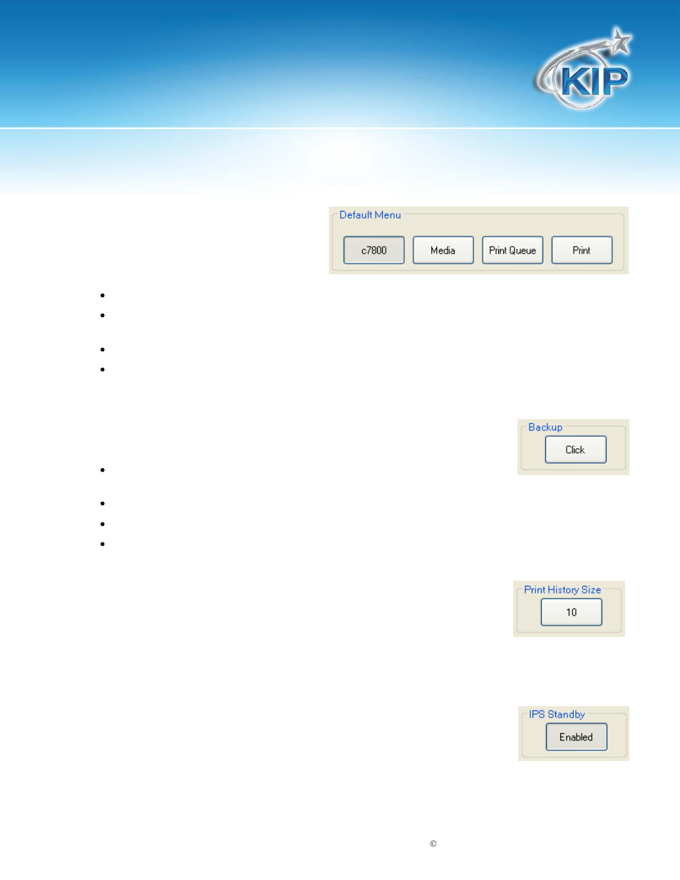 Default menu, Back up, Print history size | Kip standby, Print, Kip c7800 touchscreen software | Konica Minolta KIP C7800 User Manual | Page 16 / 42