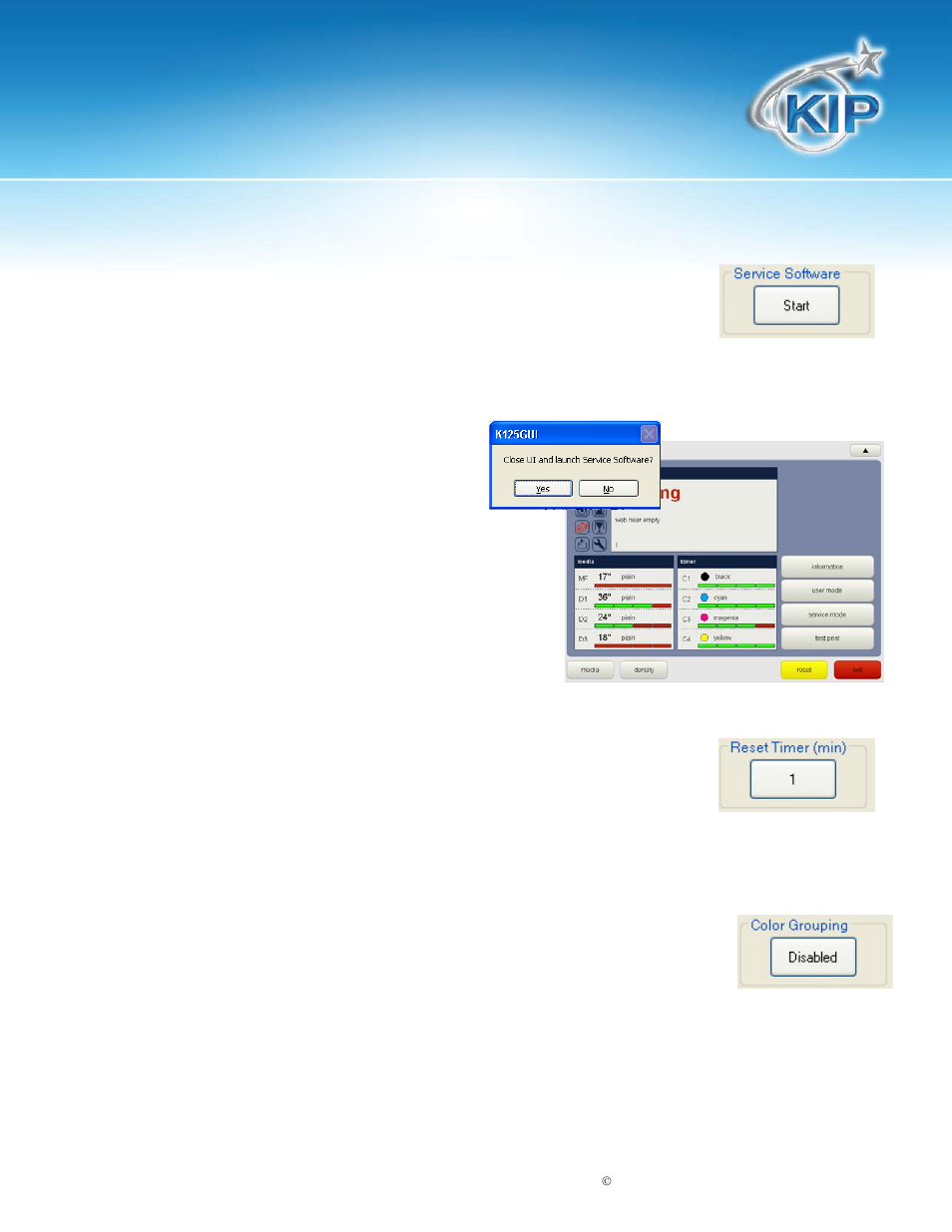 Service software, Reset timer, Color grouping | Kip c7800 touchscreen software | Konica Minolta KIP C7800 User Manual | Page 18 / 42