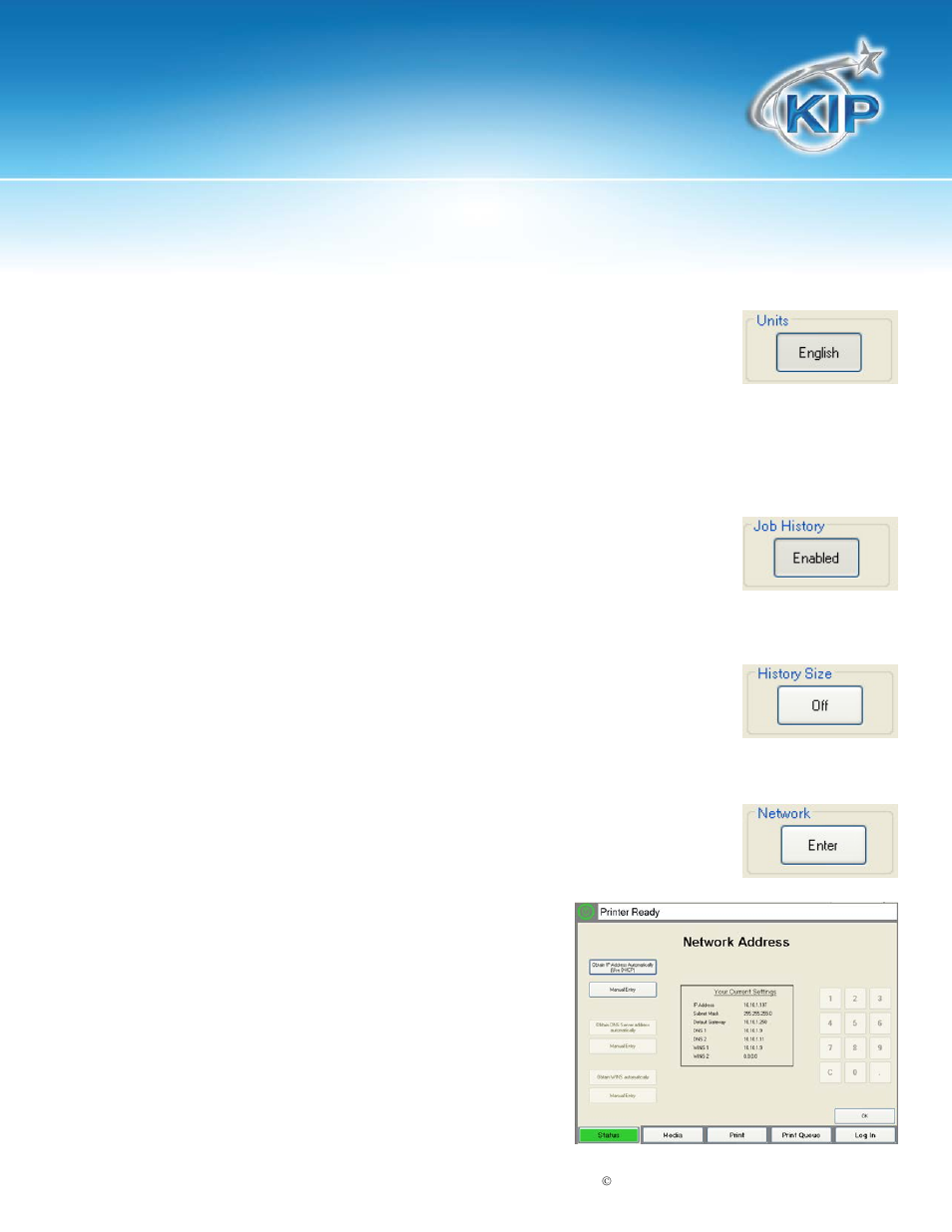 Units, Job history, History size | Network, Kip c7800 touchscreen software | Konica Minolta KIP C7800 User Manual | Page 19 / 42