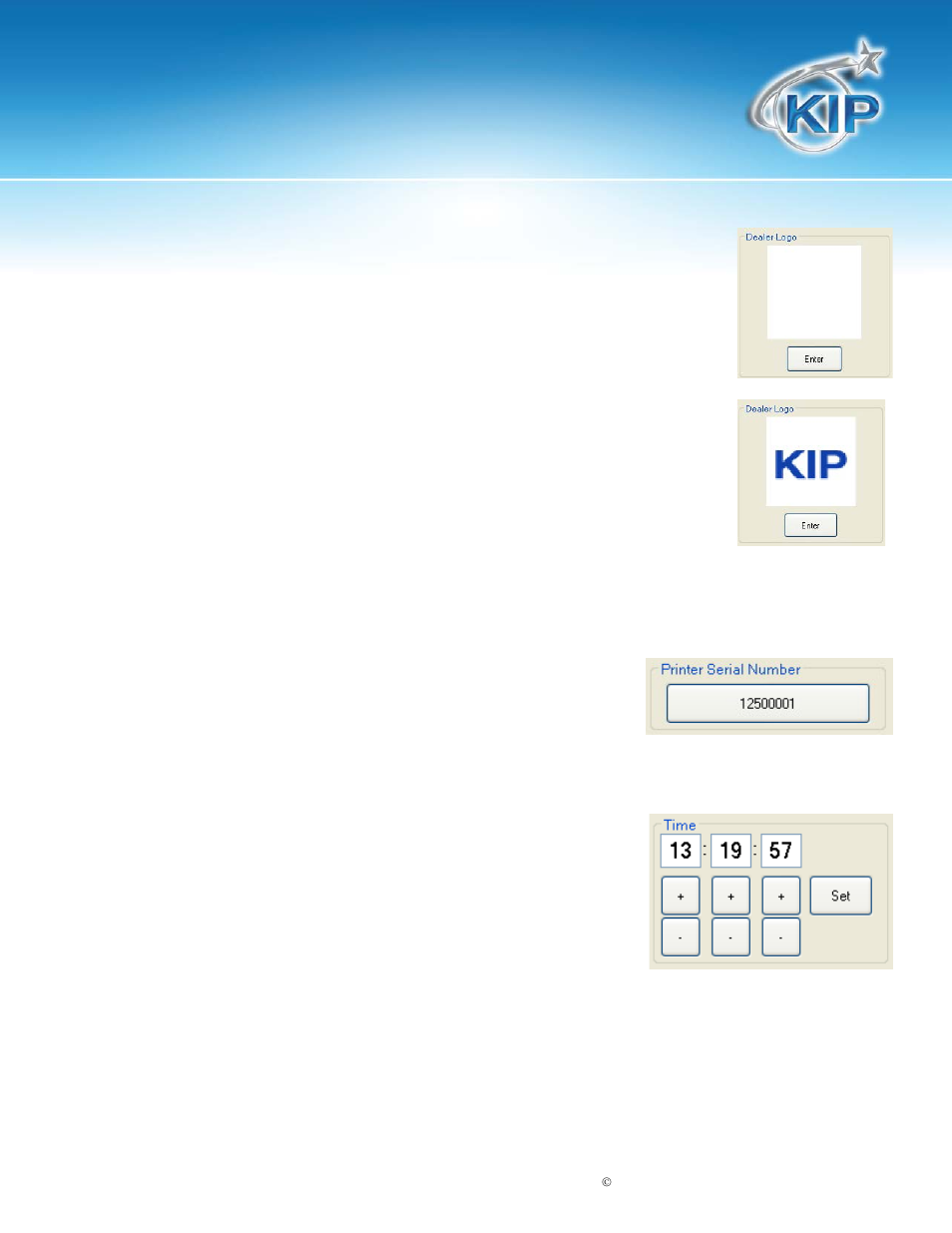 Dealer logo, Printer serial number, Time | Kip c7800 touchscreen software | Konica Minolta KIP C7800 User Manual | Page 21 / 42